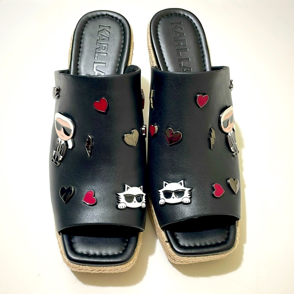 NIB KARL LAGERFELD Paris Black Leather Wedge Size 9.5 M